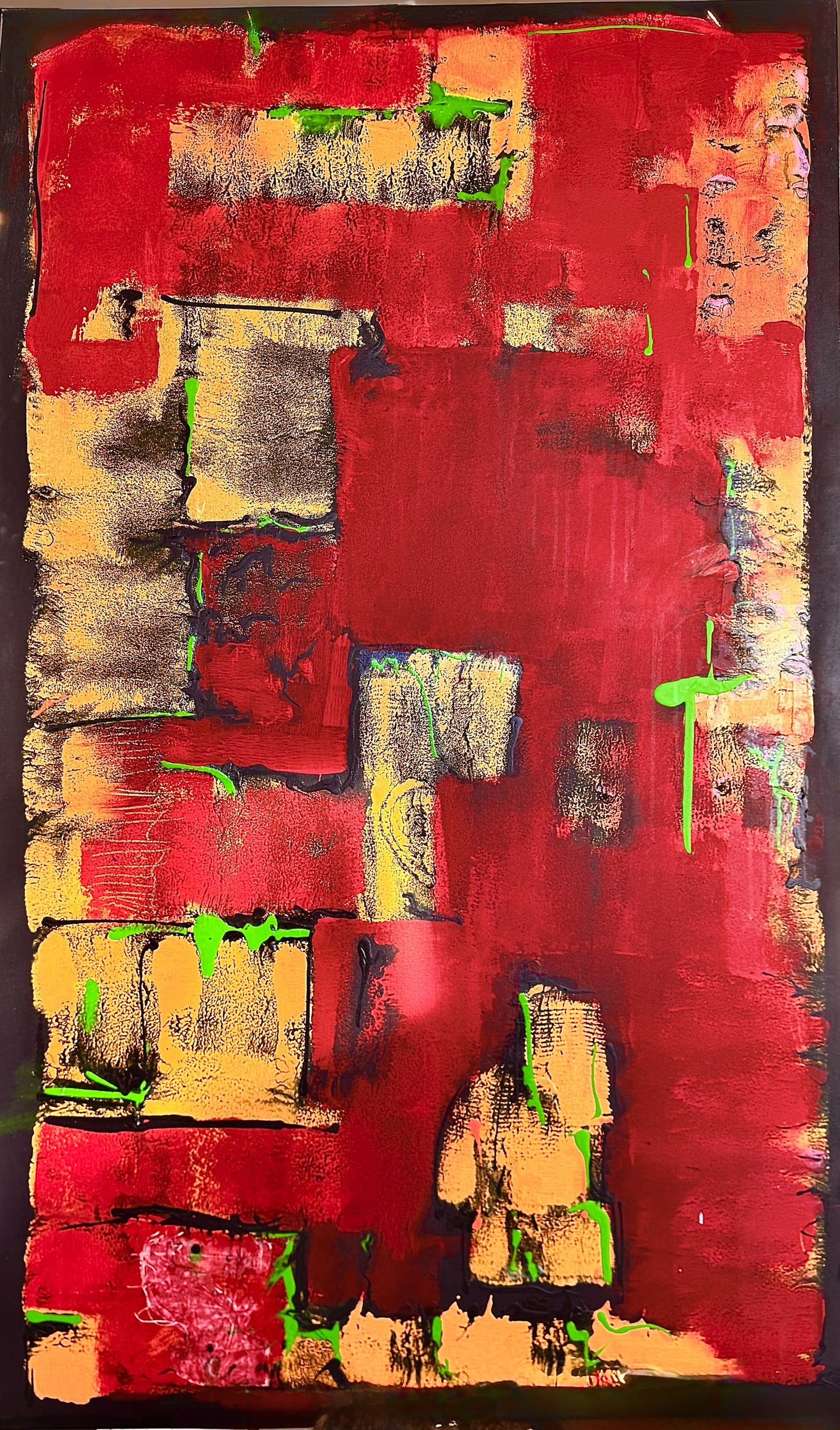 Abstract painting with red, yellow, and green colors on a dark background